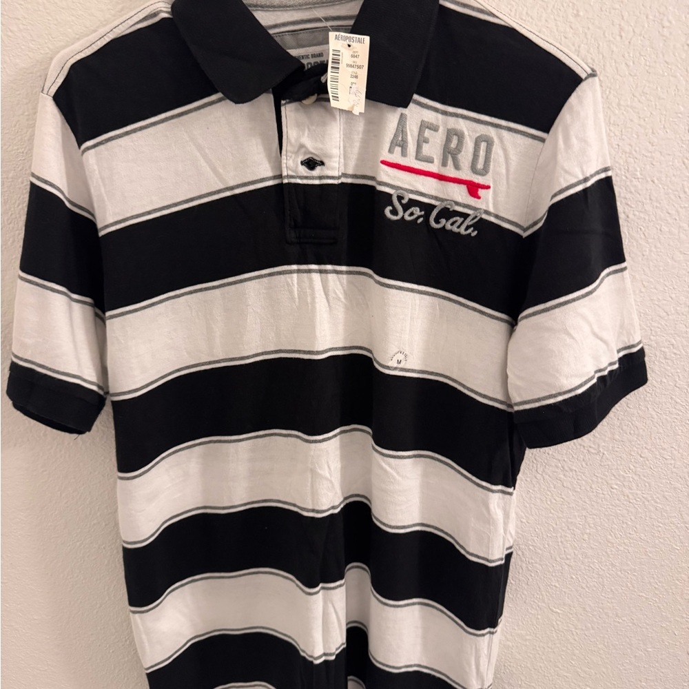 Aeropostale Black and White Striped Polo Shirt